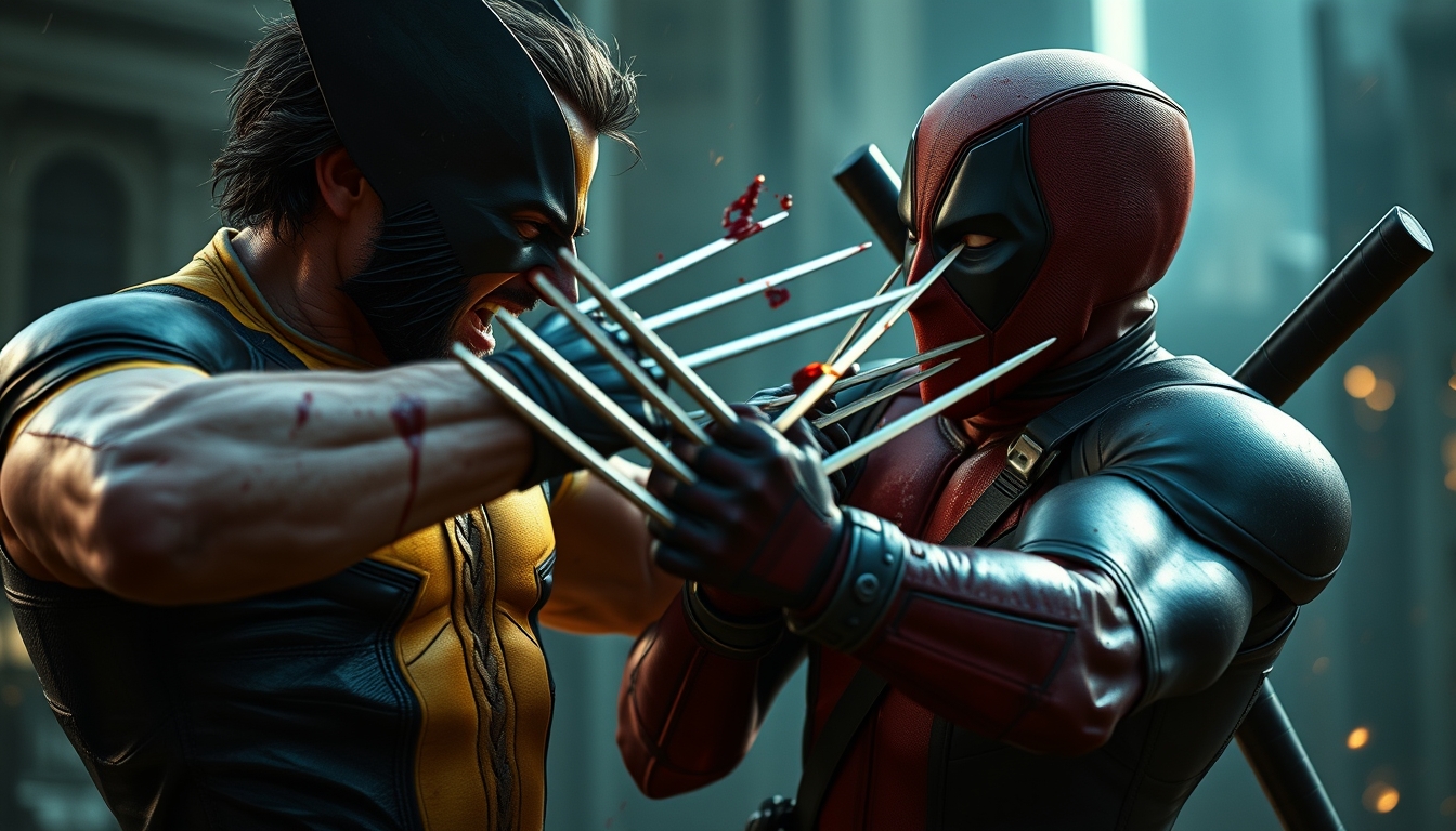 Wolverine and Deadpool slashing each other, very bloody fight, very detailed, ultra realistic, cinematic render, real-life, real world setting.