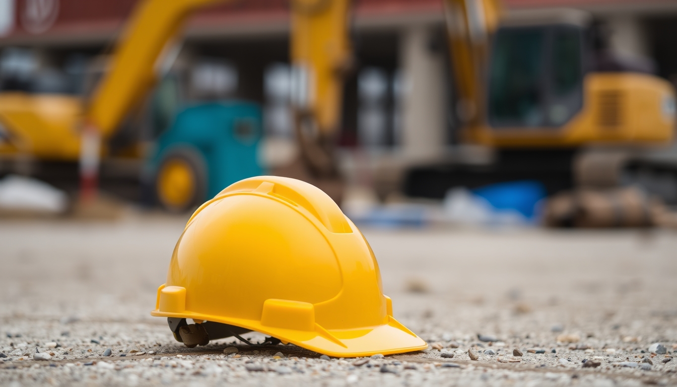 Yellow construction helmet on the ground with a blurred background of a construction area with machinery. - Image