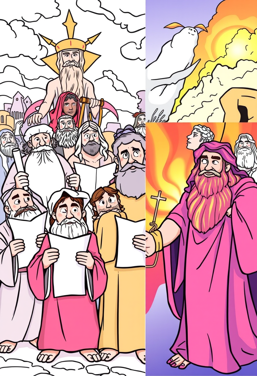 Illustrate various Old Testament prophets, each holding a scroll, set against a backdrop of significant biblical events. a coloring book page, cartoon style, thick lines, low details, no shading. On the right, the same illustration with vivid color.