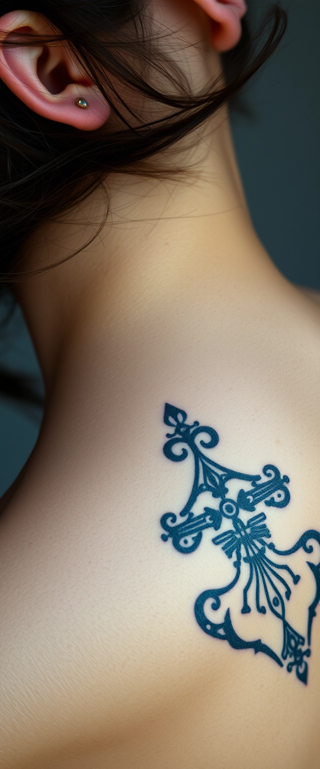 Close-up view of a tattooed back neck of a muscular Indian Korean woman with white skin, her hair flying and sweating.