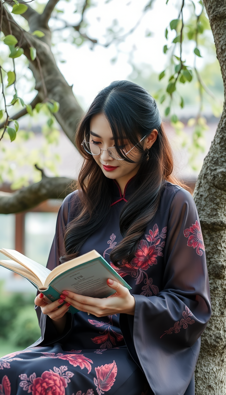 A Chinese beauty is reading a book under a tree.