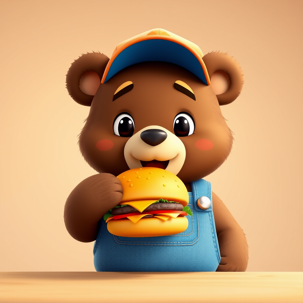 cute cartoon bear, dressed in denim overalls and baseball cap eating a hamburger. 3d cartoon style.