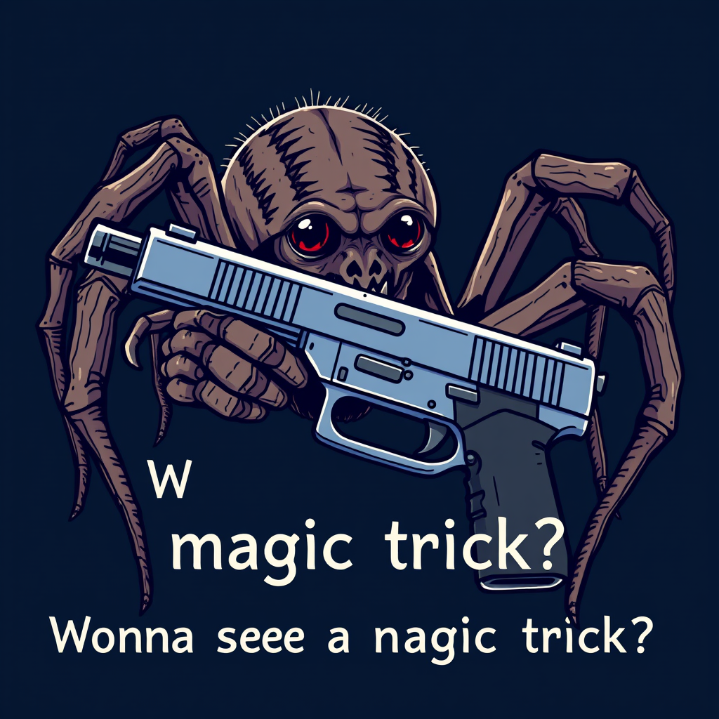 A creepy spider holding a glock with text saying "Wanna see a magic trick?"