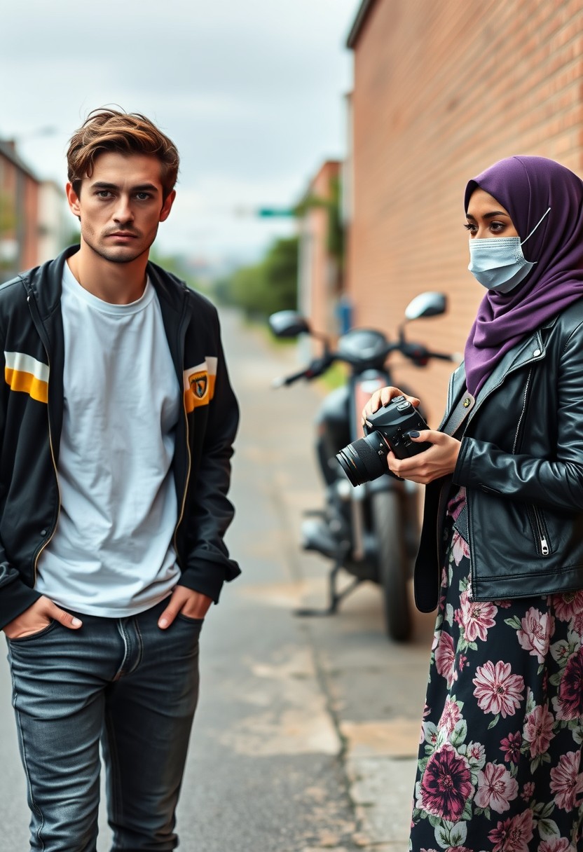 Jamie Dornan and Freddie Prinze head and body shot, handsome, young, serious face, dark brown hair, white T-shirt, collage jacket, skinny jeans, sneakers, standing, talking to each other with a not tall purple hijab Muslim girl, beautiful eyes, face mask, black leather jacket, biggest floral skirt, holding a DSLR Canon camera, near town road, superbike, hyper-realistic, street photography, brick wall, full body photo.