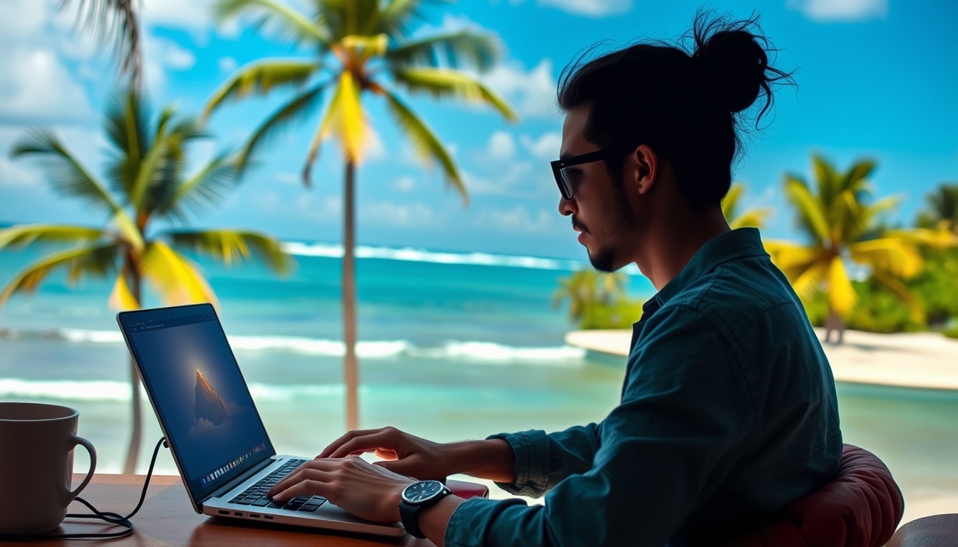 A digital artist working on a laptop in a tropical location, with the ocean in the background, emphasizing the freedom of remote work. - Image