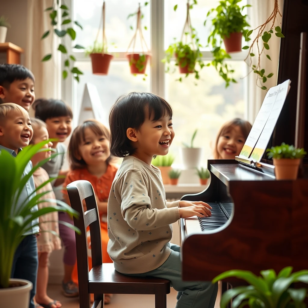 "I'm creating an advertisement for an academy. The person playing the piano should be a child. Surround the child with other children who are smiling and talking to create a lively atmosphere. Add potted plants or hanging green plants in the empty spaces." - Image