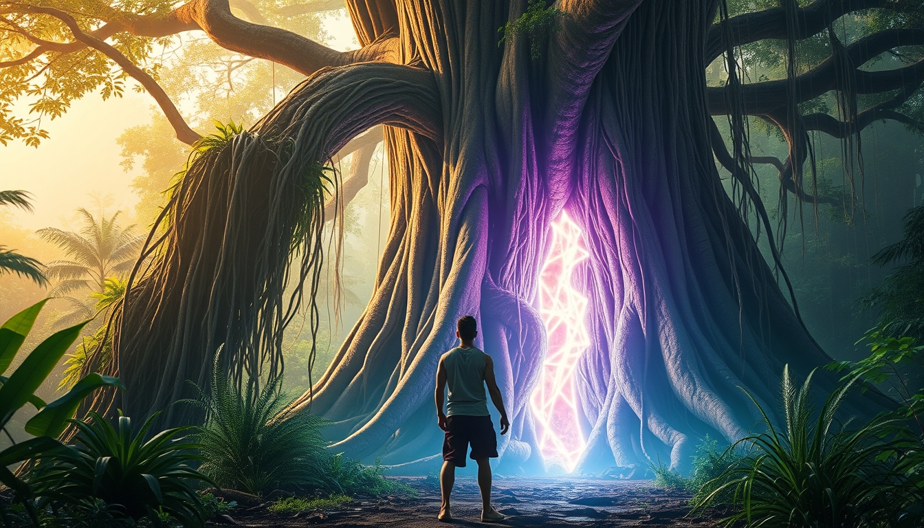 A majestic, ancient tree with roots that seem to pulse with energy appears. The protagonists stand in awe, and the tree glows softly, bathing the scene in a gentle, surreal light, enhancing the spiritual tone. Surreal and vivid, combining the raw, untamed beauty of the Amazon Jungle with otherworldly psychedelic visuals and futuristic, neon-lit cyberpunk elements.