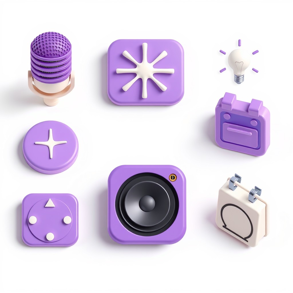 Set of icons for mobile application, a filled microphone, a filled speaker, a sparkle, a light bulb, a miniature calendar, 3D render in the style of vector illustration, a clay material design set, with a bright purple, creamy white, on a white background, bright colors in a bright soft lighting, UI design in the flat style, isometric view.