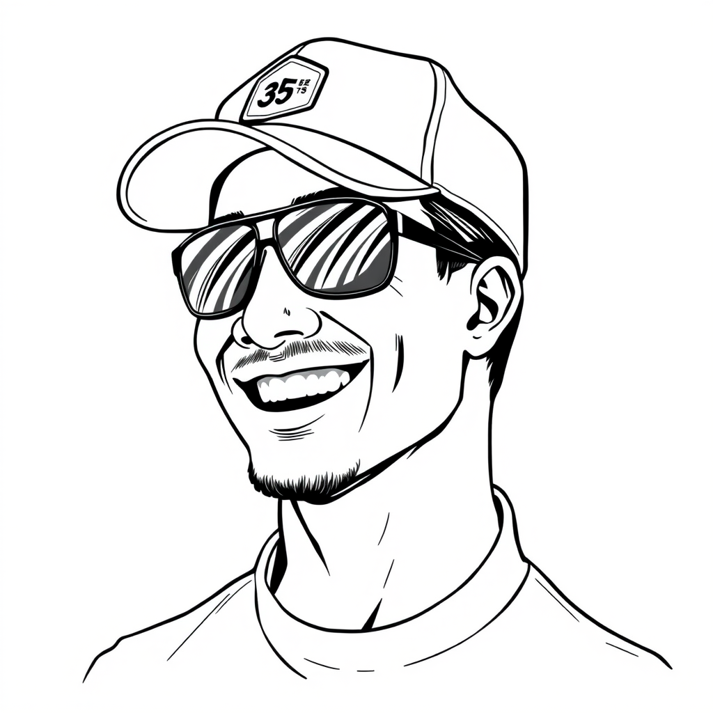 A cool black and white line drawing of a 35-year-old man’s head, wearing a baseball cap, Asian descent, aviator sunglasses, with a slight beard, a tough guy, in a shirt, with a well-defined and full face, a robust physique, clean and refreshing skin, happily laughing heartily after winning, making a greeting gesture. - Image