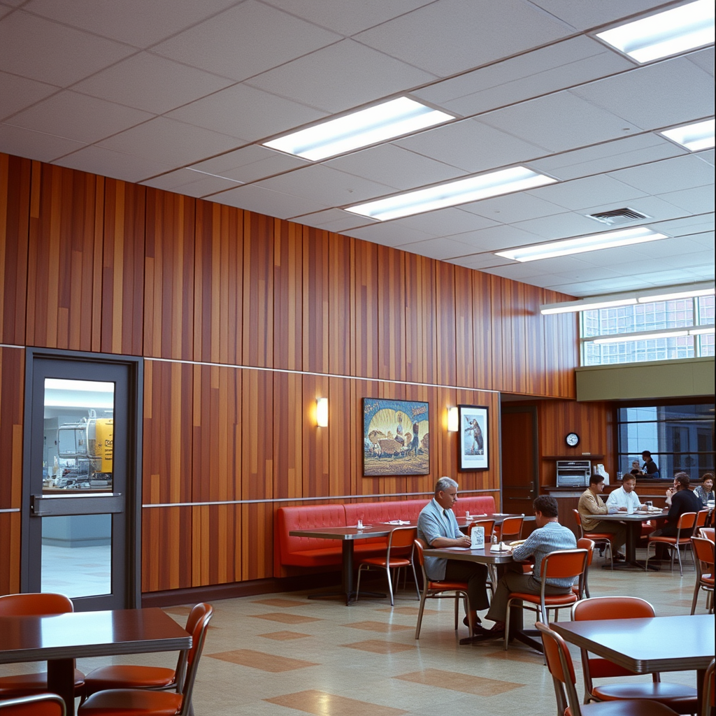 interior, company cafeteria, modern, wood panel, movie scene, colorful, 90s