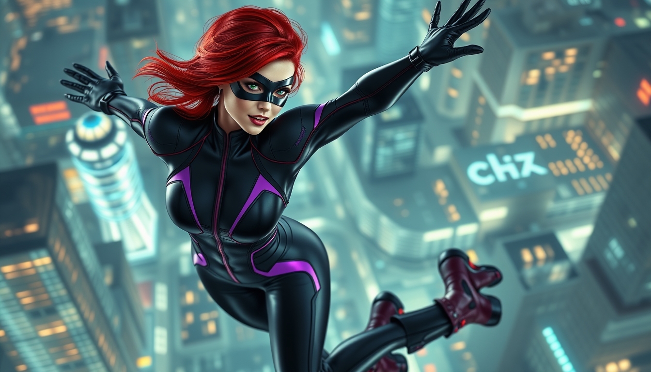 I used Flux AI Image Generator to create this image of a woman with red hair and green eyes. She's wearing a skintight black and purple spandex suit. The suit has a high collar and long sleeves. She's wearing a black metallic mask and gliding through the air. We can see every detail of her outfit from head to toe, including her boots. The background is a futuristic city. I love this image; it's like something out of a fantasy movie.