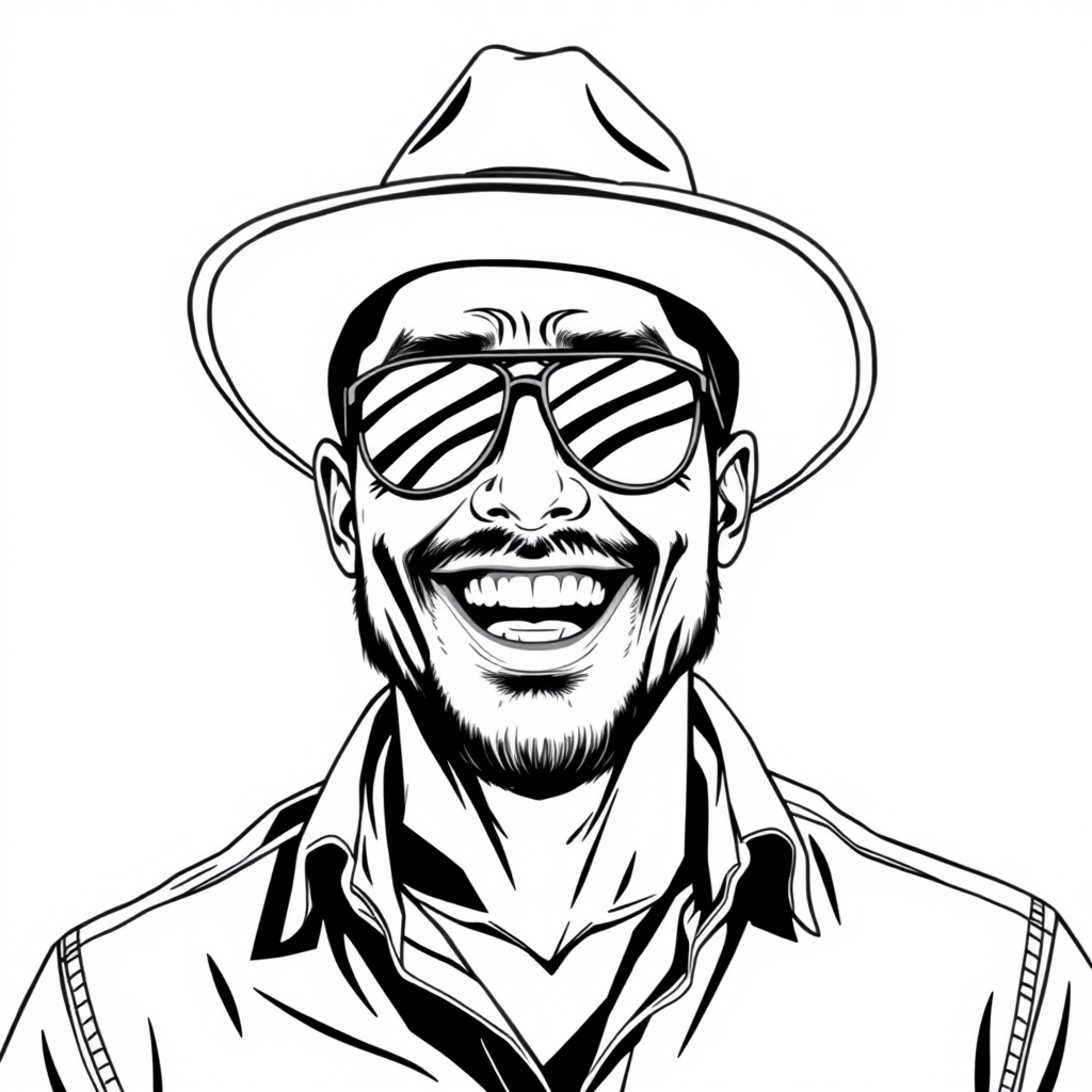 A cool black-and-white line drawing of a man around 35 years old, wearing a sun hat, Asian, with aviator sunglasses, a slight beard, a tough guy, in a shirt, with a full face that has defined lines, a strong physique, clean and fresh skin, joyfully laughing heartily after winning.