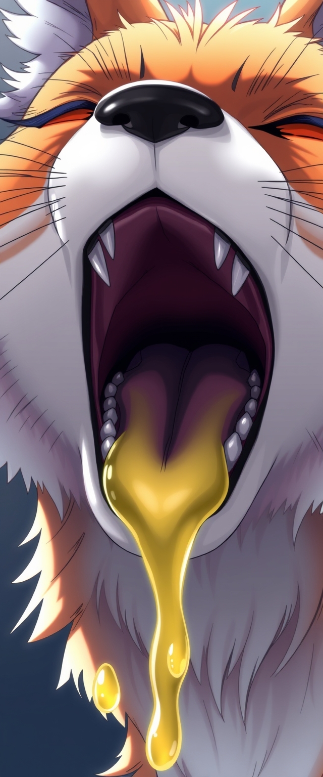 Anime style, anthropomorphized fox, draw the details of the fox’s mouth, throat details, the throat area should be bright, details of the teeth, details of the saliva, the whole mouth is filled with it. - Image