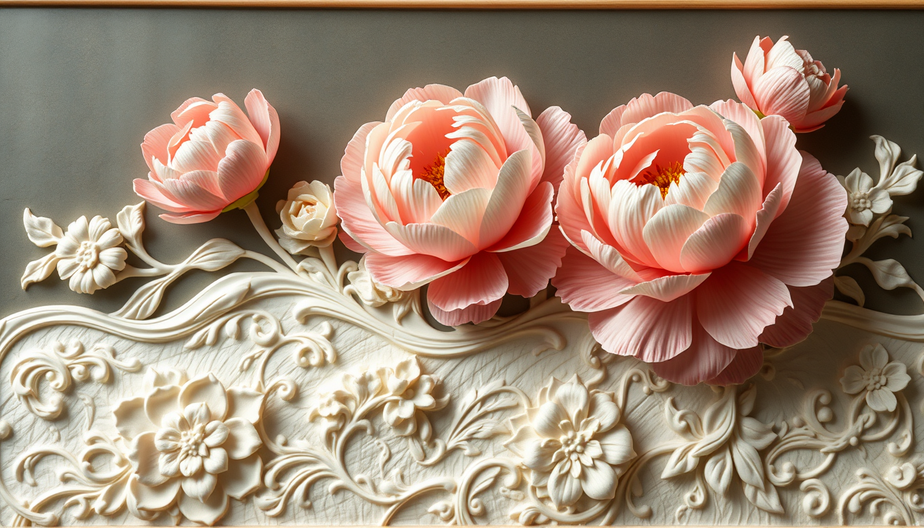 Stunning 3D bas-relief with realistic blooming peonies protruding above an exquisitely textured surface with delicate ornaments, pastel colors, romantic atmosphere.