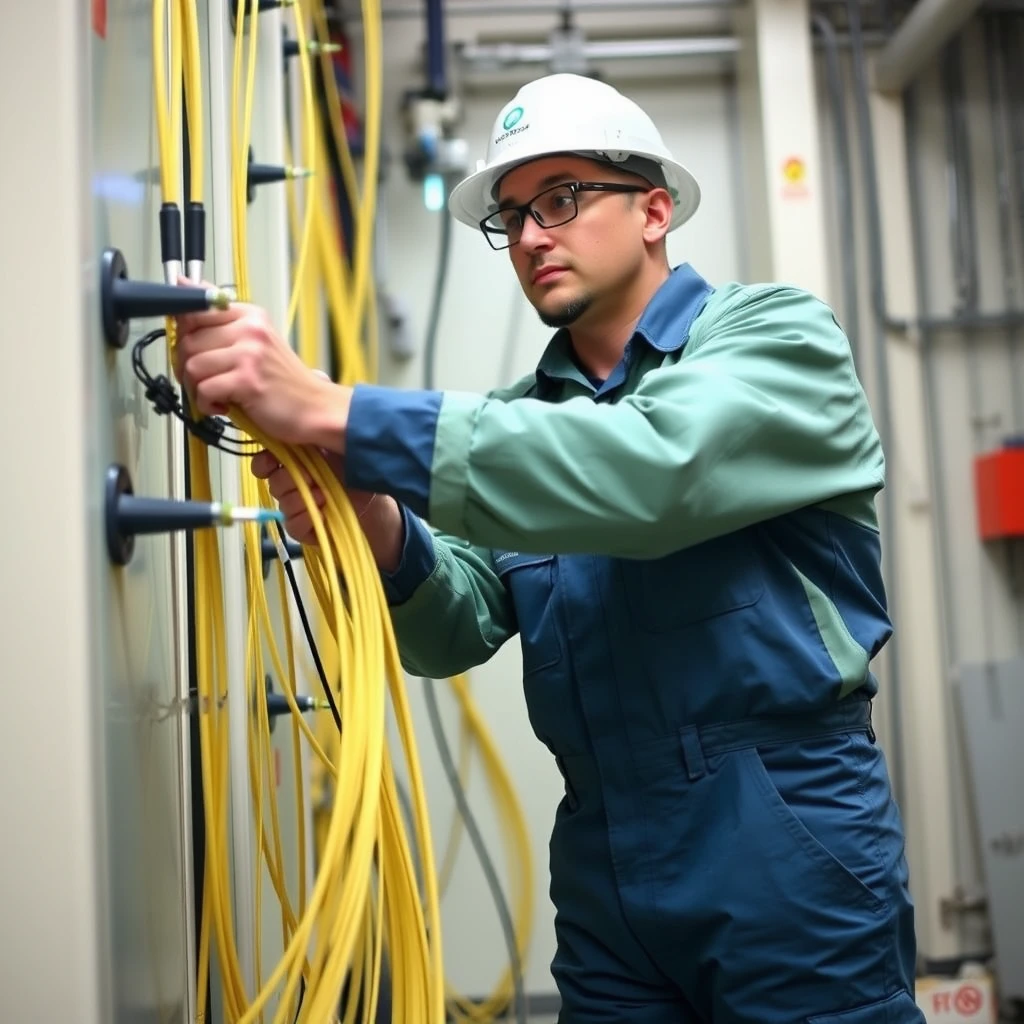 An engineer in overalls with the inscription "Rostelecom" connects an optical cable. - Image