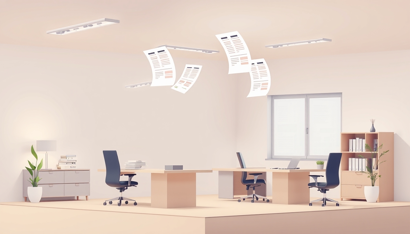 Modern Isometric Office Space with Floating Financial Documents in Soft Tones.