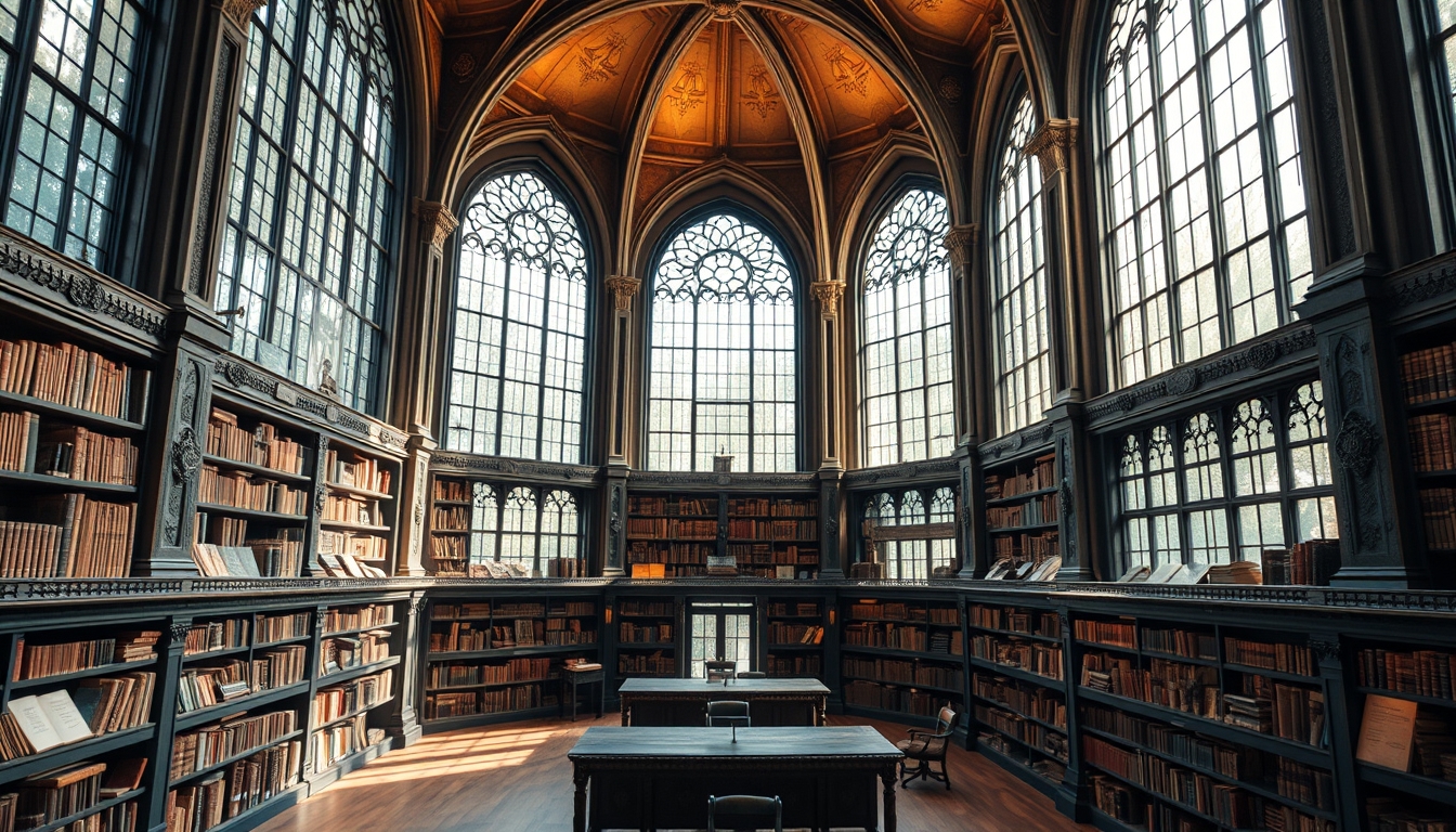 A grand library with tall glass windows and shelves filled with ancient books.