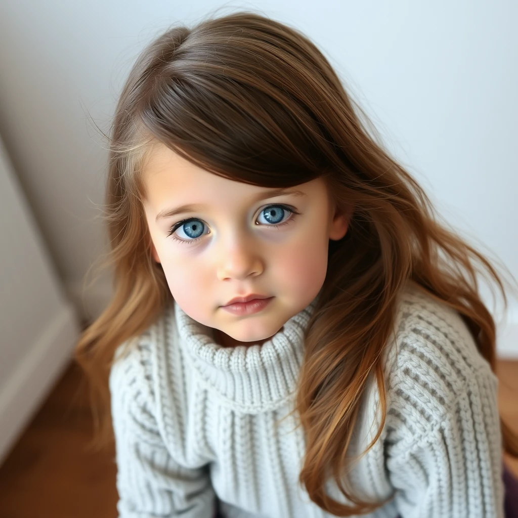 Young girl with long hair, blue eyes, wearing a sweater and a skirt. - Image