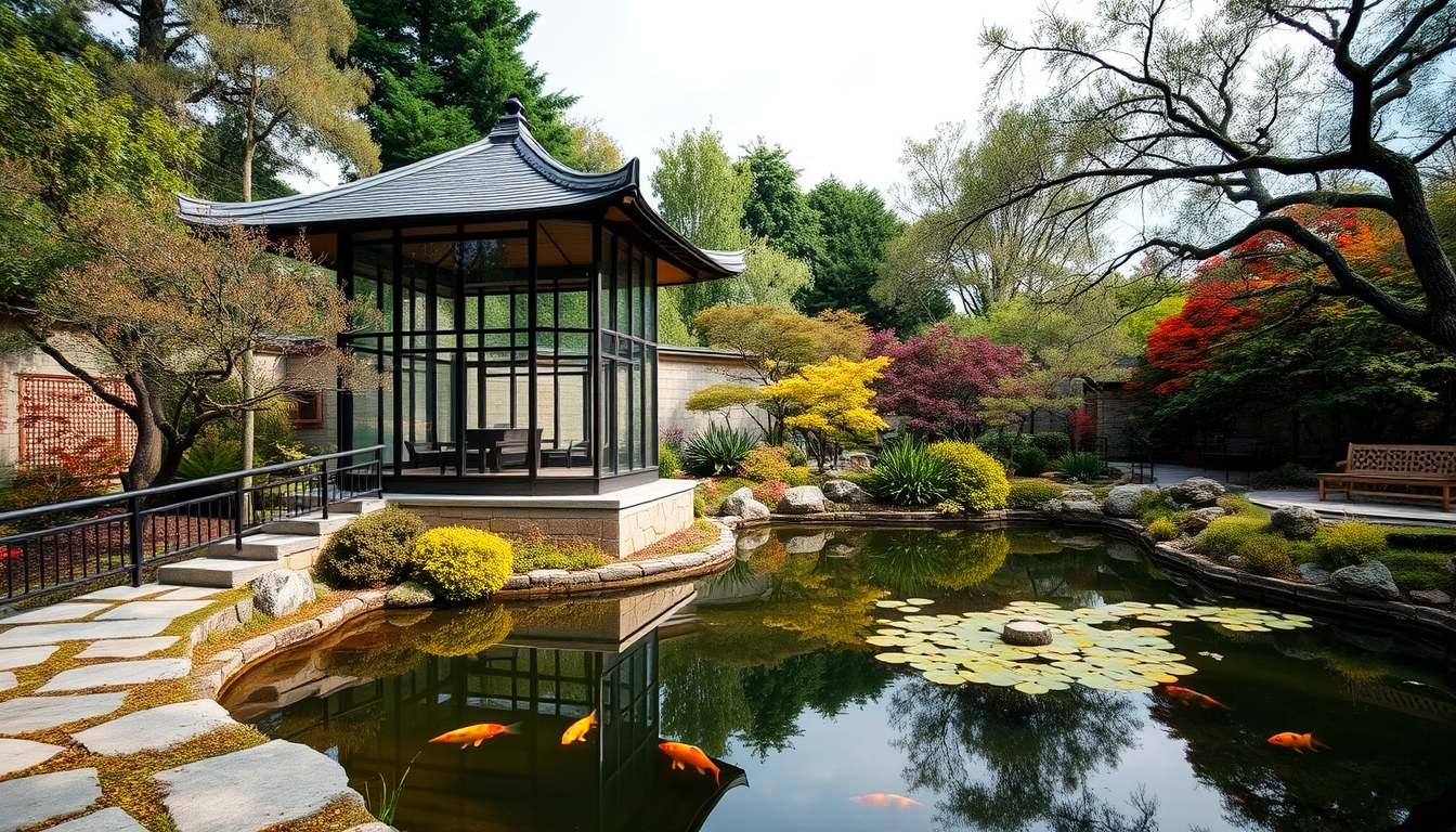 A serene Japanese garden with a glass teahouse overlooking a koi pond.