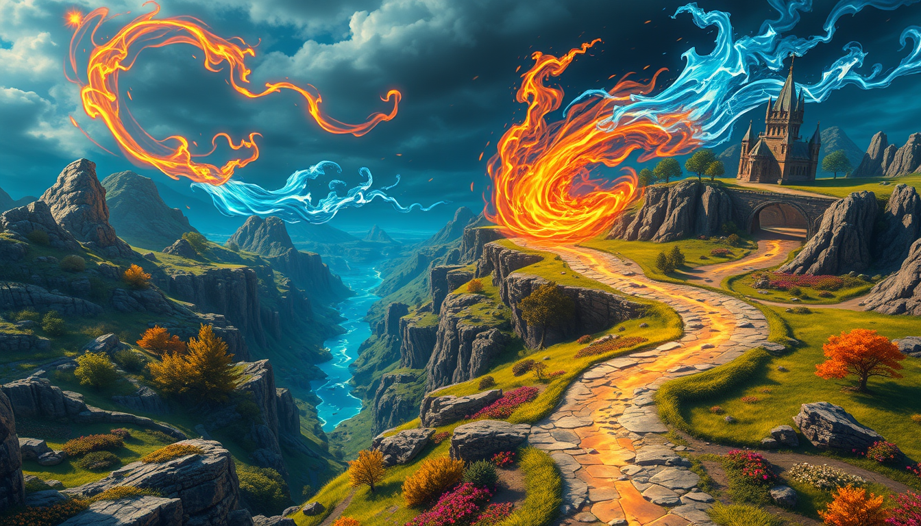 A large, magical fantasy map featuring prominent, naturally formed roads leading to distant kingdoms. The roads are the main focus, occupying a significant portion of the map and appearing as natural pathways. The landscape surrounding the roads includes rocky terrains, lush trees, vibrant flowers, and green grasslands. The roads are infused with swirling magical winds carrying elements of fire, frost, and storms, with flames flickering and icy patches enhancing the mystical atmosphere. The map has no buildings or mountains, emphasizing the natural and enchanted environment. The style is mystical and vibrant, with rich colors and intricate details, creating an otherworldly atmosphere filled with magical energy and dynamic weather effects.