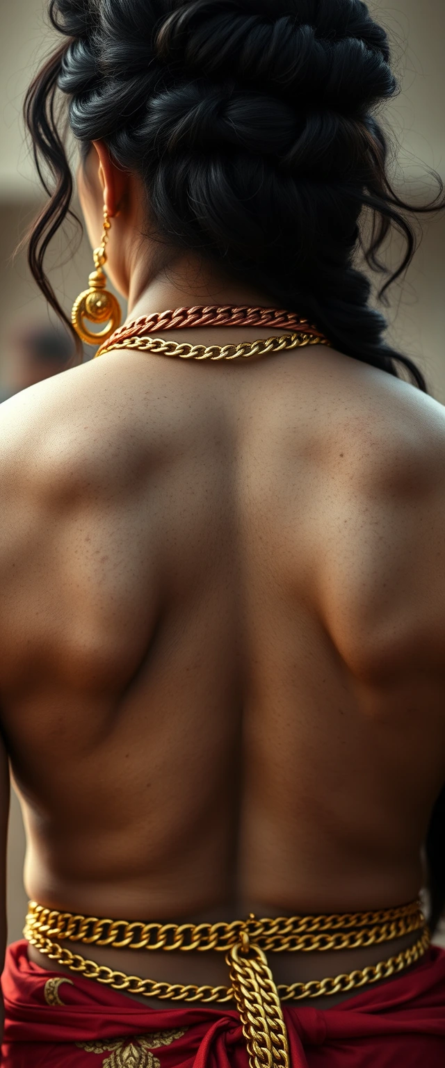 Close-up view of the back of a godly, highly muscular, big, tall, strictly white-skinned Indian woman wearing gold chains around her waist and neck. - Image