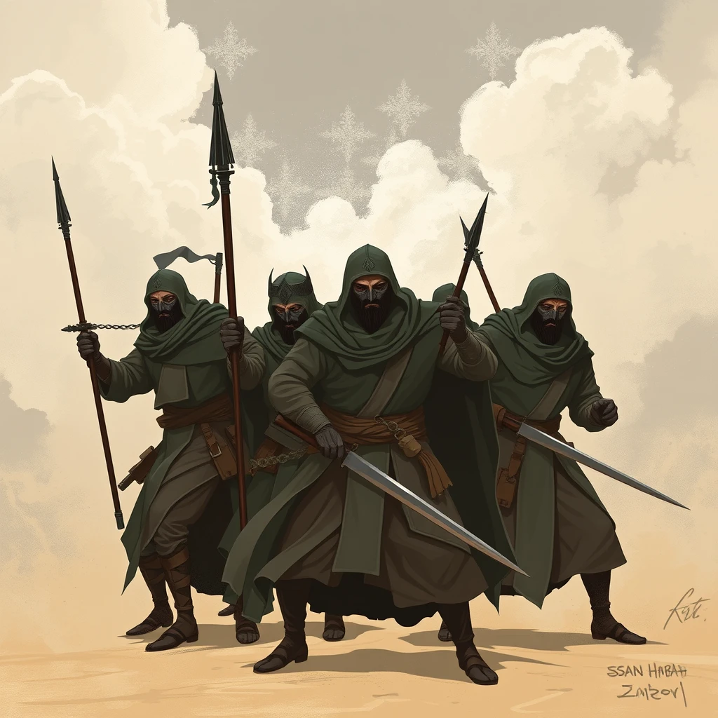 Generate an image of a Shia warrior group inspired by Hasan Sabah, known for their strategic prowess. The warriors should be depicted in a stealthy, tactical pose, showcasing their skills and unity.