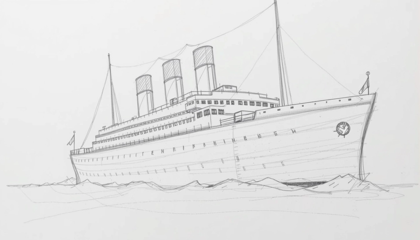 "Titanic pencil sketch draft, relatively rough, not detailed."