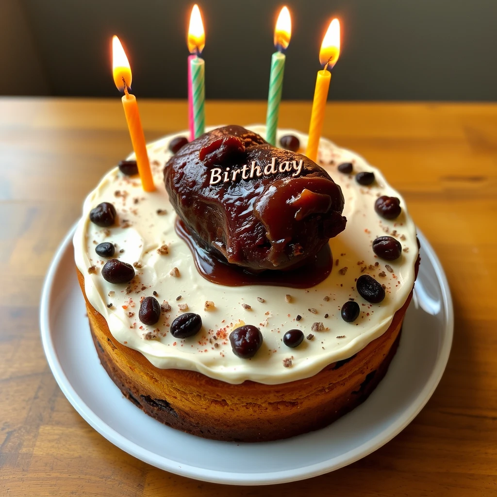 "Birthday cake, topped with roasted kidney." - Image