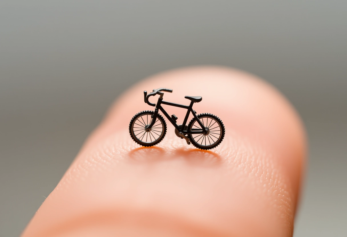 Extreme close-up macro photography depicting a very tiny miniature bicycle standing on a fingertip. - Image