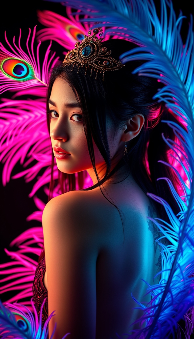 A portrait of a young woman in a dramatic, backlit setting, surrounded by vibrant, colorful peacock feathers. The woman has long, dark hair styled with an ornate headpiece, and a tattoo visible on her exposed back. The feathers are illuminated in shades of pink, blue, and purple, creating a mesmerizing, otherworldly atmosphere. The background is dark, allowing the feathers and the woman's features to be the focal point. Highly detailed, with a sense of movement and energy. Rendered in a photorealistic style.