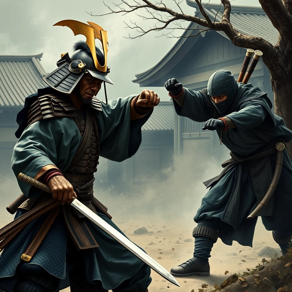 A samurai from the Japan Feudal Period fighting a ninja from a hidden village.