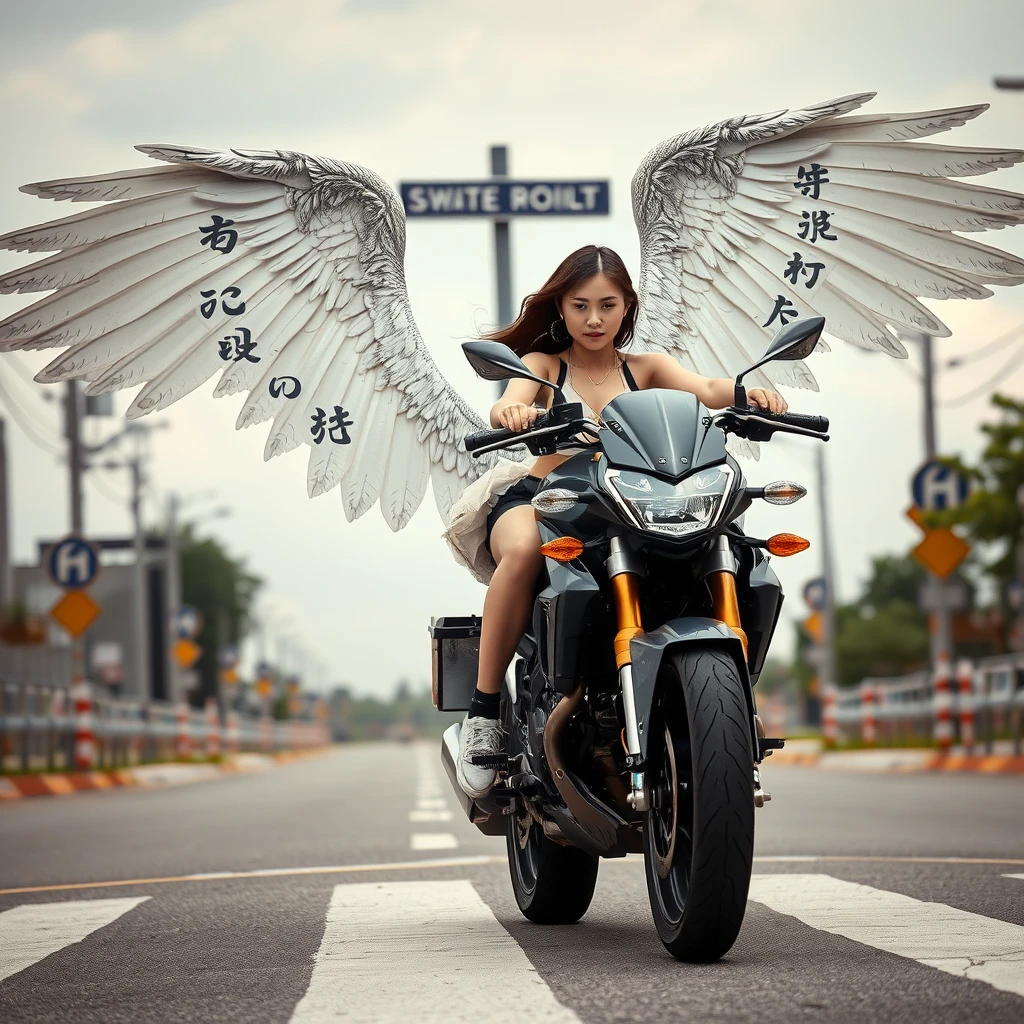 At the crossroads, there is a strong beautiful woman riding a smart motorcycle, with huge wings, featuring Chinese characters or Japanese.