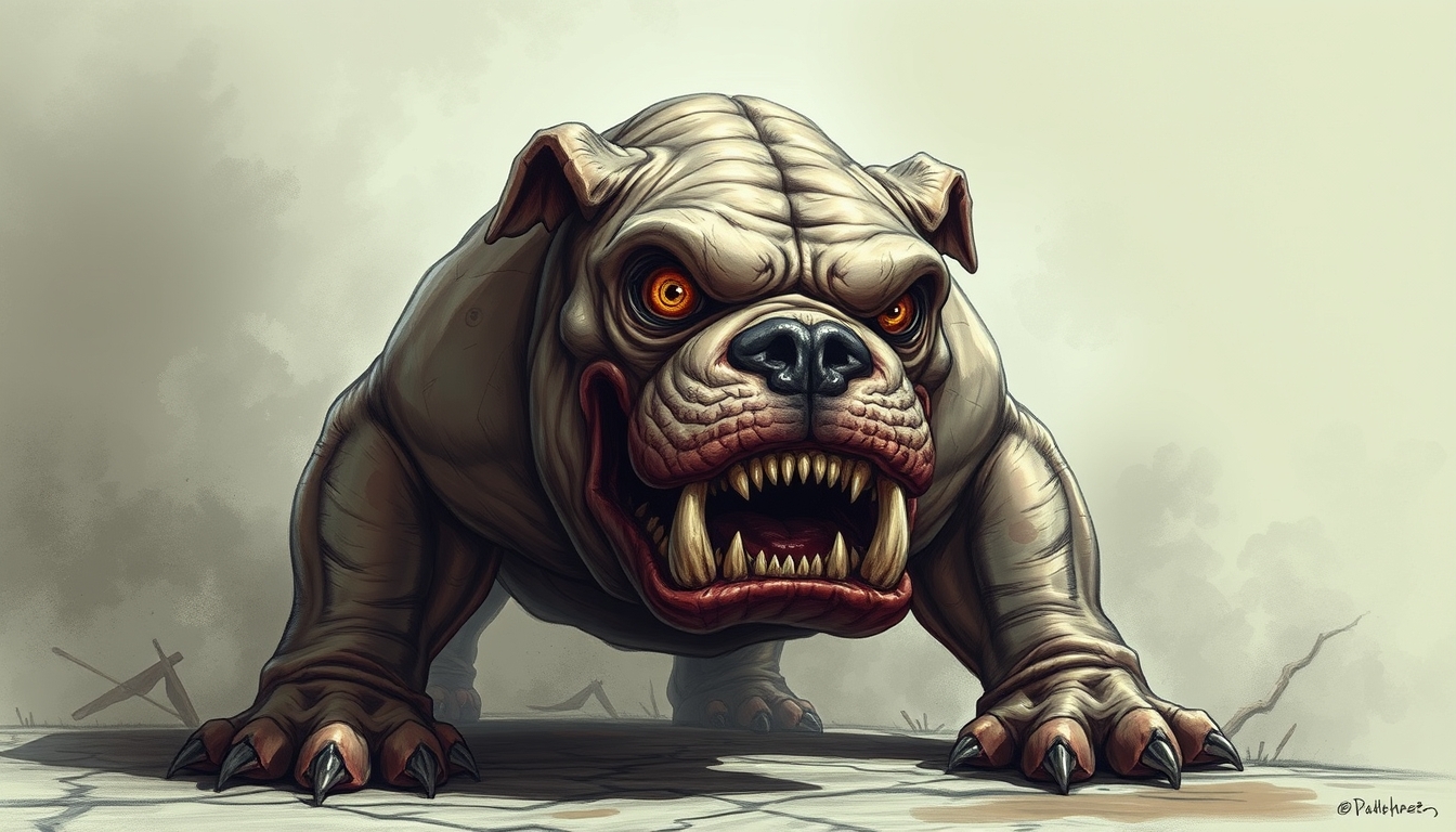 Horror Monster, one-eyed Bulldog that was massive, full body, raw drawing.