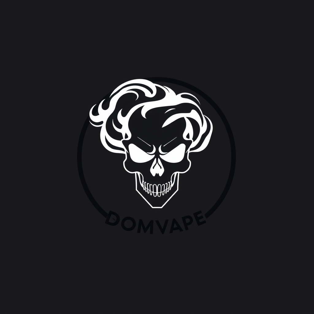 Sleek, minimalist logo for DoomVapes: stylized vapor cloud forming a skull. Monochromatic black and white design with sharp, clean lines. Futuristic yet ominous atmosphere. Balanced composition, centered within a circular frame. Professional and edgy aesthetic.