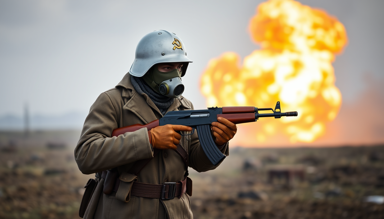 Generate a soldier with a silver helmet, the Soviet hammer and sickle logo on the helmet, wearing a gas mask, a long coat, a leather belt, a leather glove, a leather boot, holding an AK-47 automatic rifle, standing on a battlefield, with an explosion in the background.