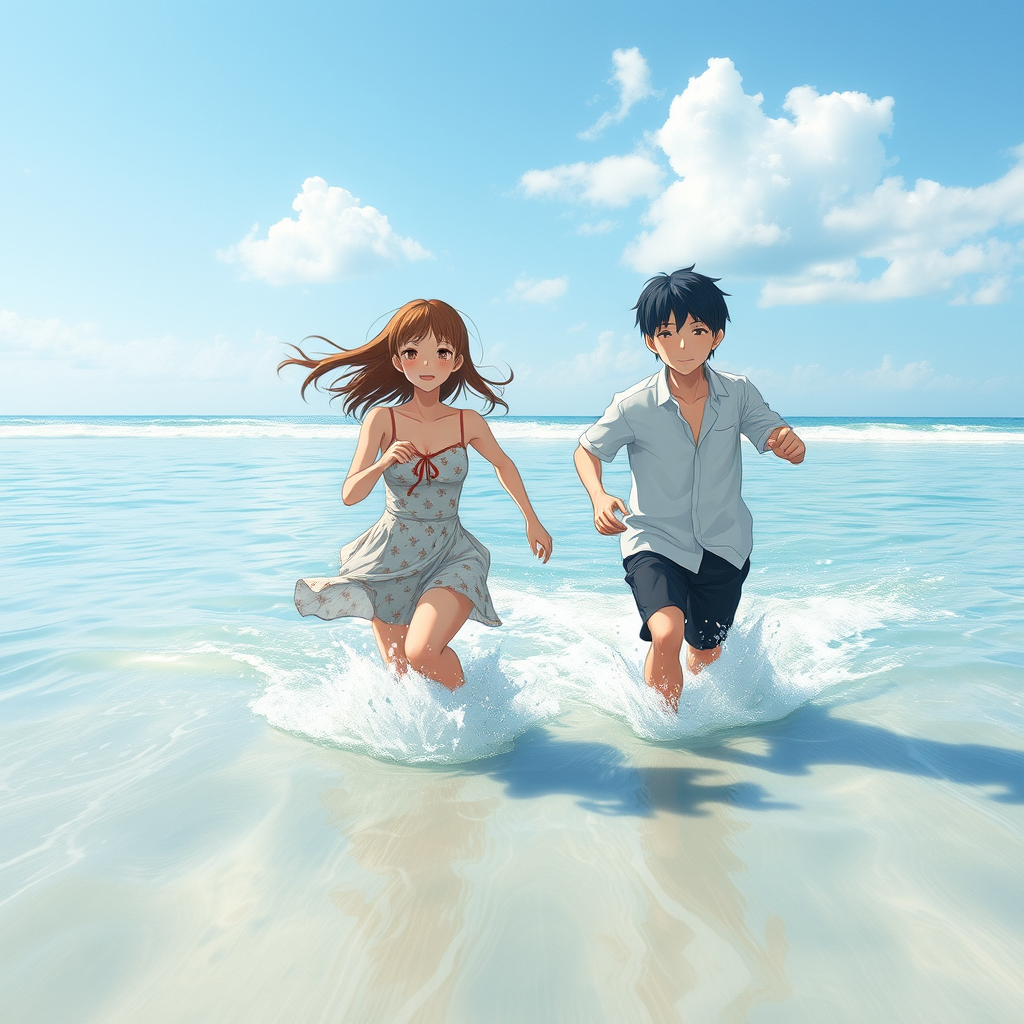 Super Slow Motion Shot of an anime couple running in the water at the beach moving towards the camera, anime style.