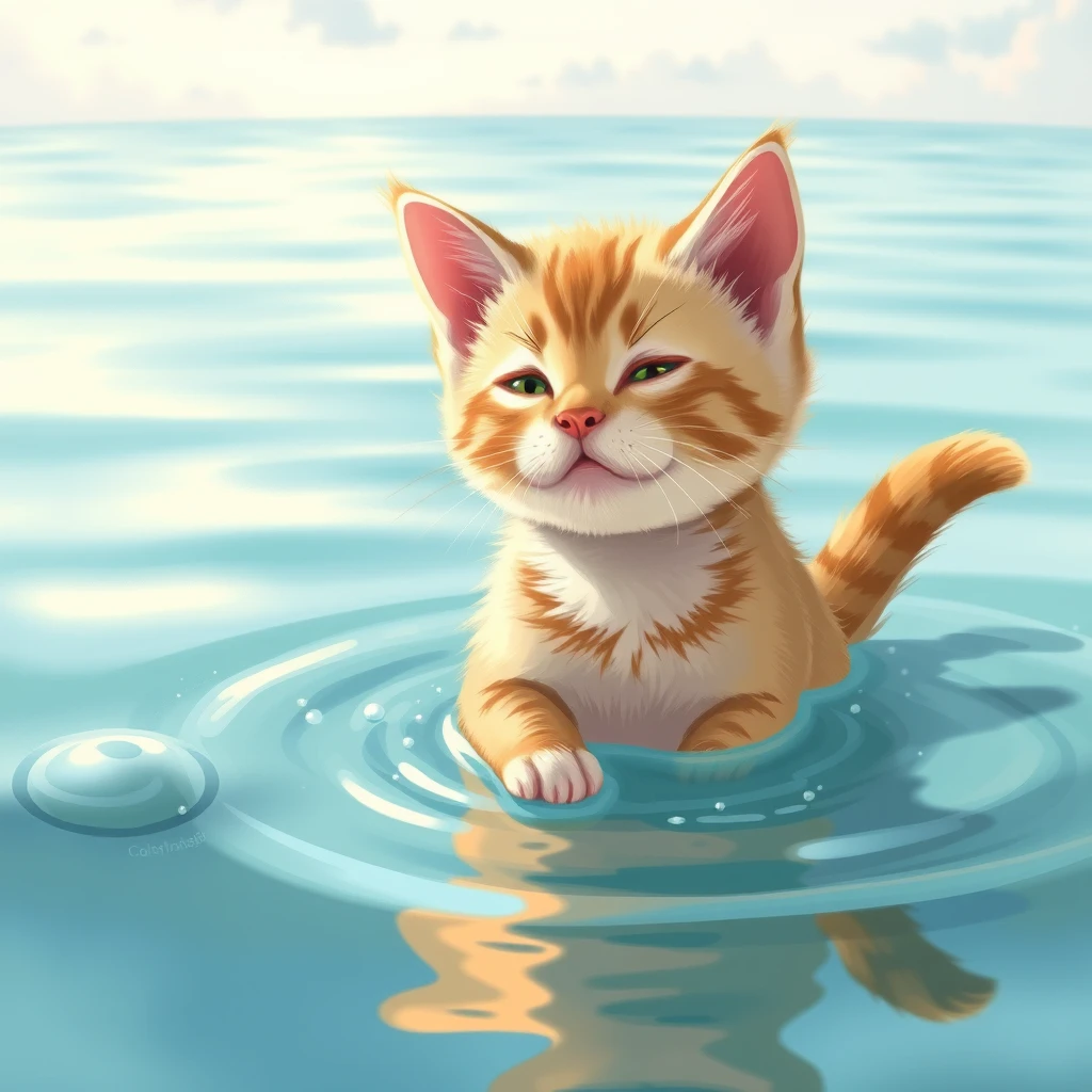 "Try to create a drawing of a cute cat playing in the sea, reflecting reality as much as possible for making a video."