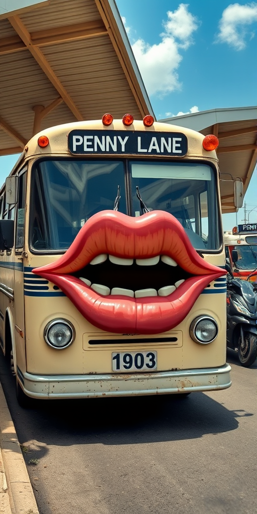 Surreal and whimsical image featuring a vintage bus parked at a bus station. The bus has a cream-colored exterior with a slightly weathered look, and the number '1903' is displayed on the front. The most striking feature is the large, exaggerated set of lips and teeth superimposed on the front of the bus, resembling a face, with headlights as eyes and giving it a cartoonish and humorous appearance. The bus station has a covered area with a high roof, and there are other buses and motorcycles visible in the background. The bus destination sign reads 'PENNY LANE' in white text on a black background. The overall scene is bright and clear, with a blue sky and some clouds visible. - Image