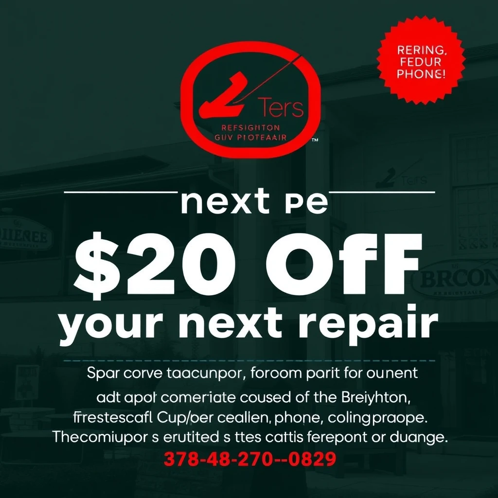 Advertisement for $20 off your next repair for residents of The Breighton on Paseo, phone repair theme with colors of red and black.