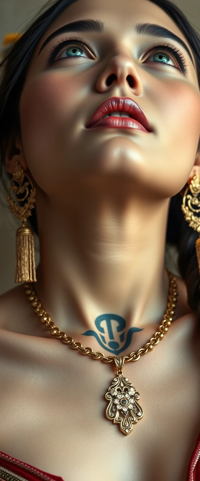 Close up view of the chest and tattooed neck of a white-skinned Korean Indian woman with beautiful facial features and blue eyes, wearing gold ornaments and looking upwards.