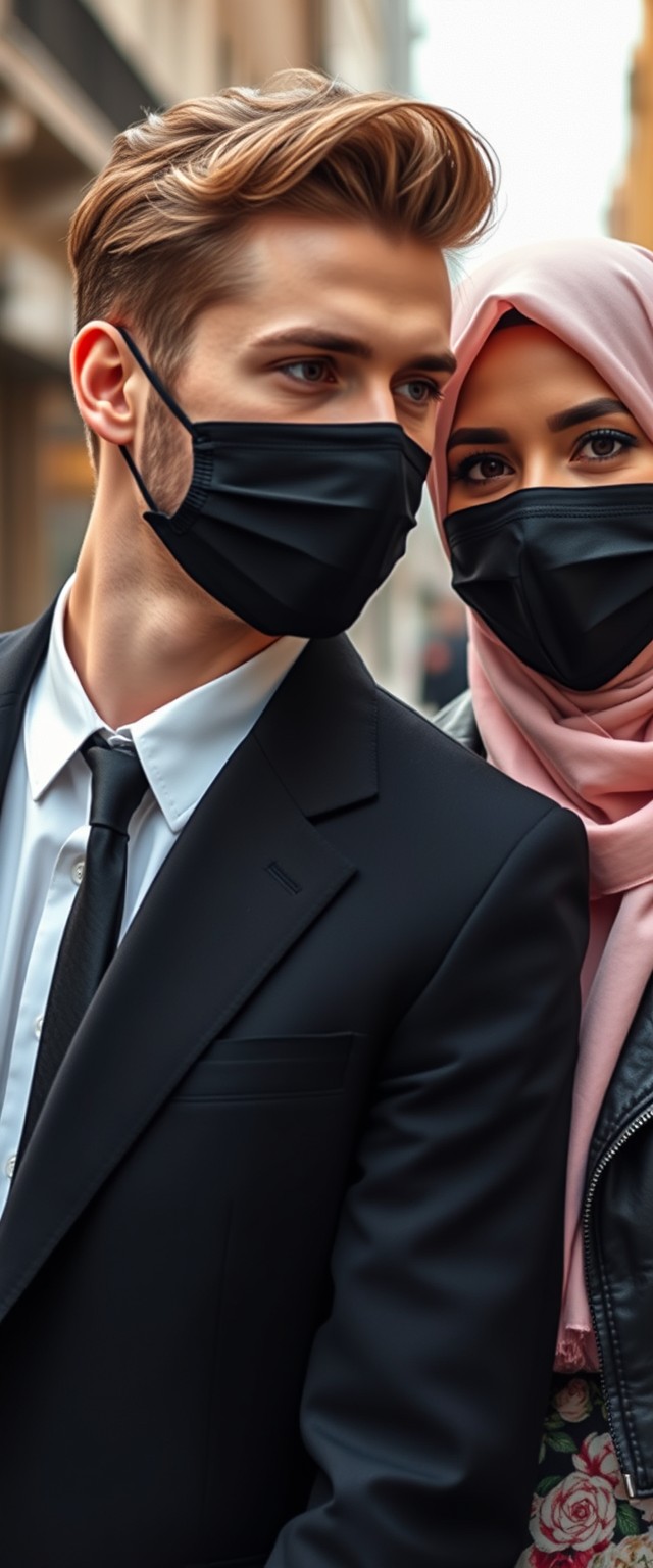 Jamie Dornan's head and body shot, handsome, young, black face mask, half-buttoned white shirt, tie, black coat suit, dating love with the biggest soft pink hijab girl, beautiful eyes, black leather jacket, black face mask, biggest floral skirt, hyper-realistic, street photography.