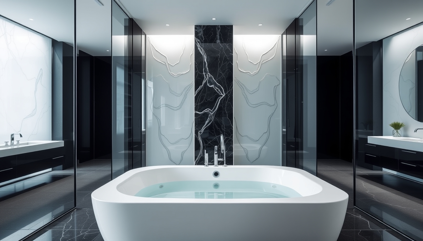 A sleek modern bathroom with glass walls and a luxurious soaking tub.