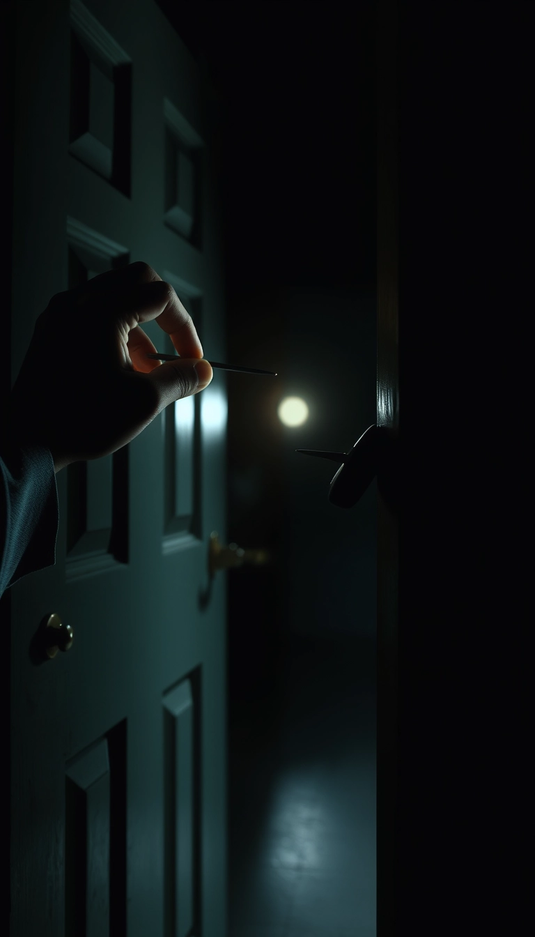 'The door is being picked with lockpicks, it's dark, but there is the light of a flashlight.'