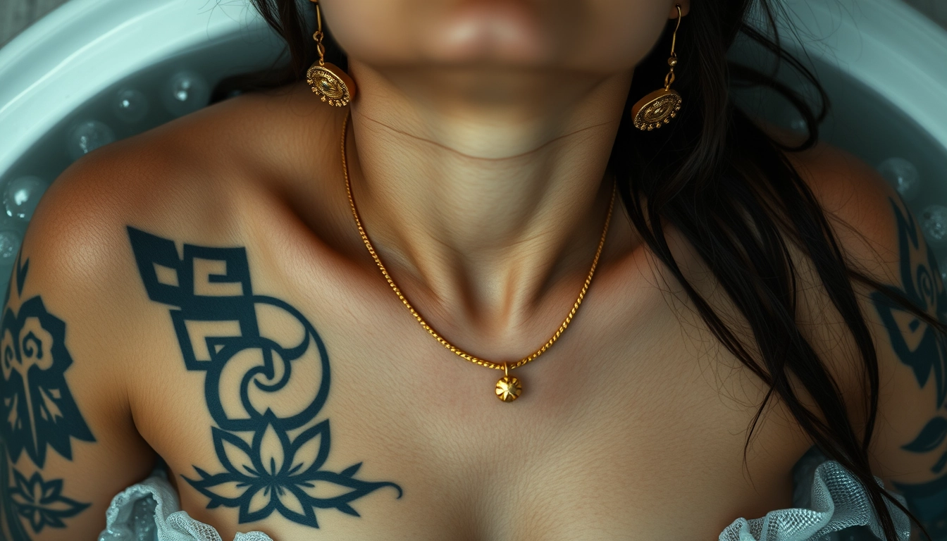 Close-up view of a tattooed chest of a Korean-Indian woman with white skin, beautiful facial features, and blue eyes, wearing gold ornaments and looking up while bathing. - Image