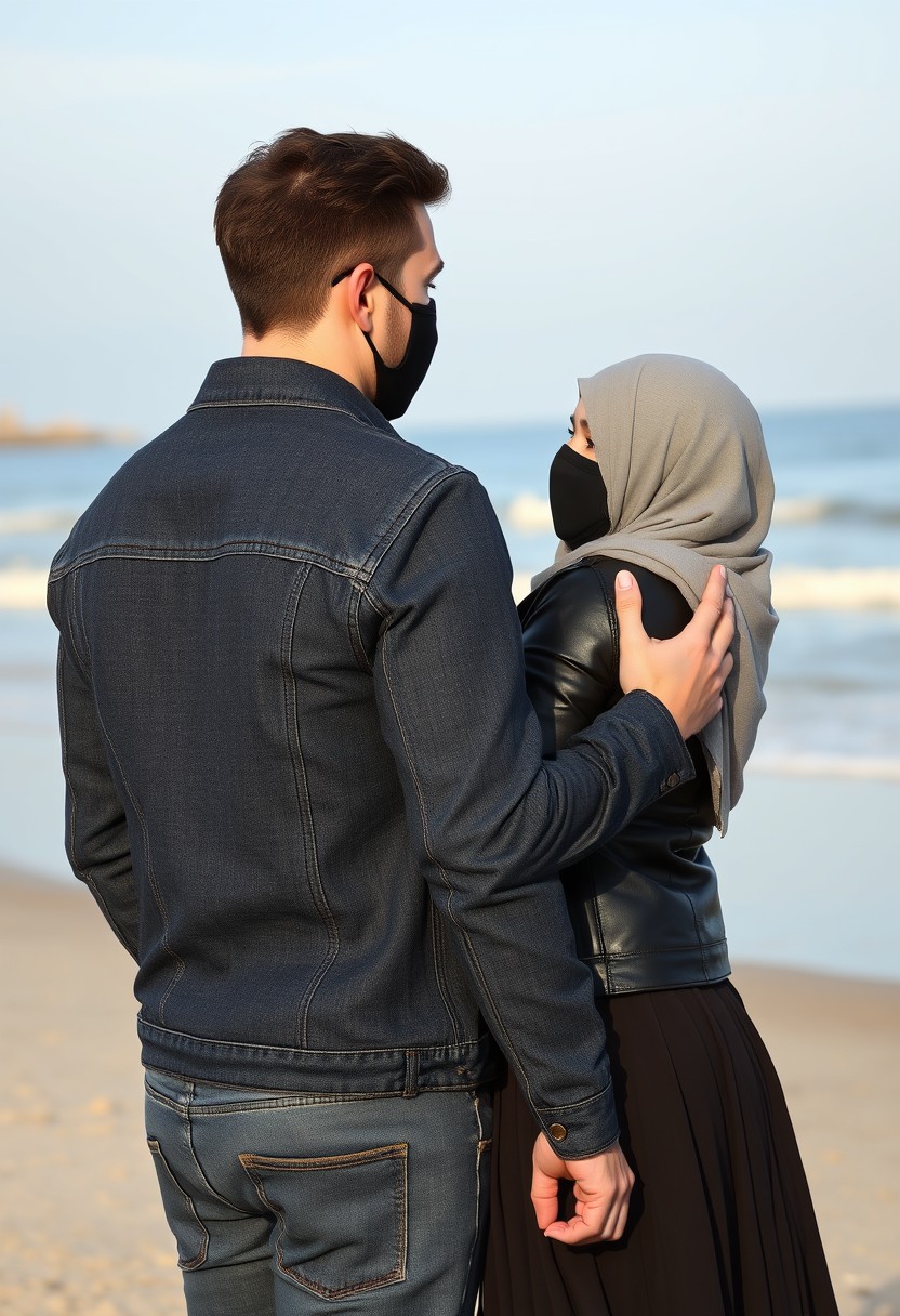 Jamie Dornan's head and body shot, handsome, black face mask, denim jacket, jeans, dating, love couple, hugging from behind, with the biggest grey hijab Muslim girl, black face mask, beautiful eyes, black leather jacket, largest skirt, at the beach, hyper-realistic, selfie. - Image