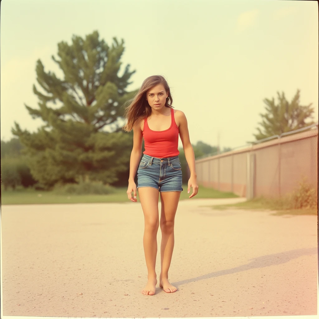 Barefoot teenage angry woman, 1970s, Polaroid