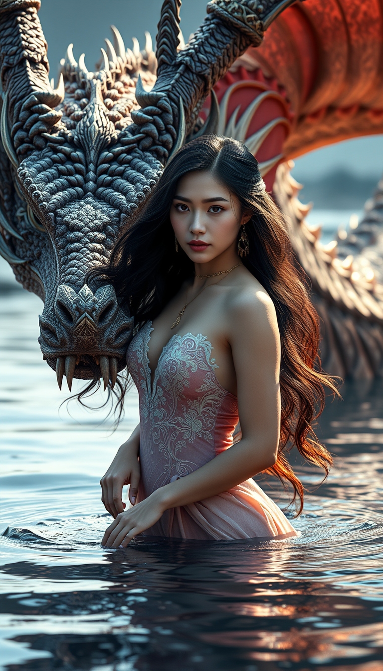 A gorgeous woman is standing in the water next to a dragon, in the style of fantasy scenes, realistic detail, Theo Prins, Magewave, Ferrania P30, Evgeni Gordiets, Kuang Hong, 8K sharp focus, photorealism, highly detailed.