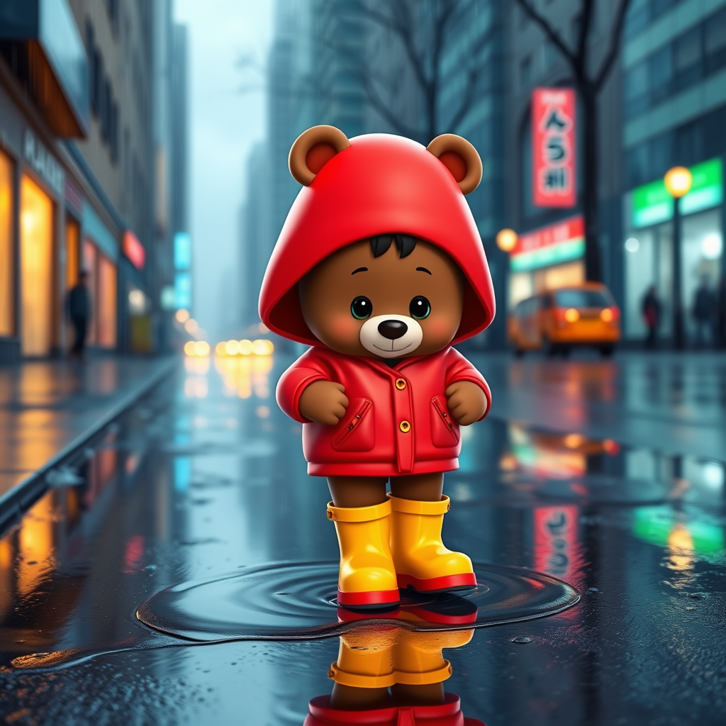 Cute cartoon bear cub, dressed in a red neon oversized raincoat with a hood and bright rubber boots, walking in the rain on the puddles on the city street. The picture conveys carefree childhood. Cartoon style 3D. - Image