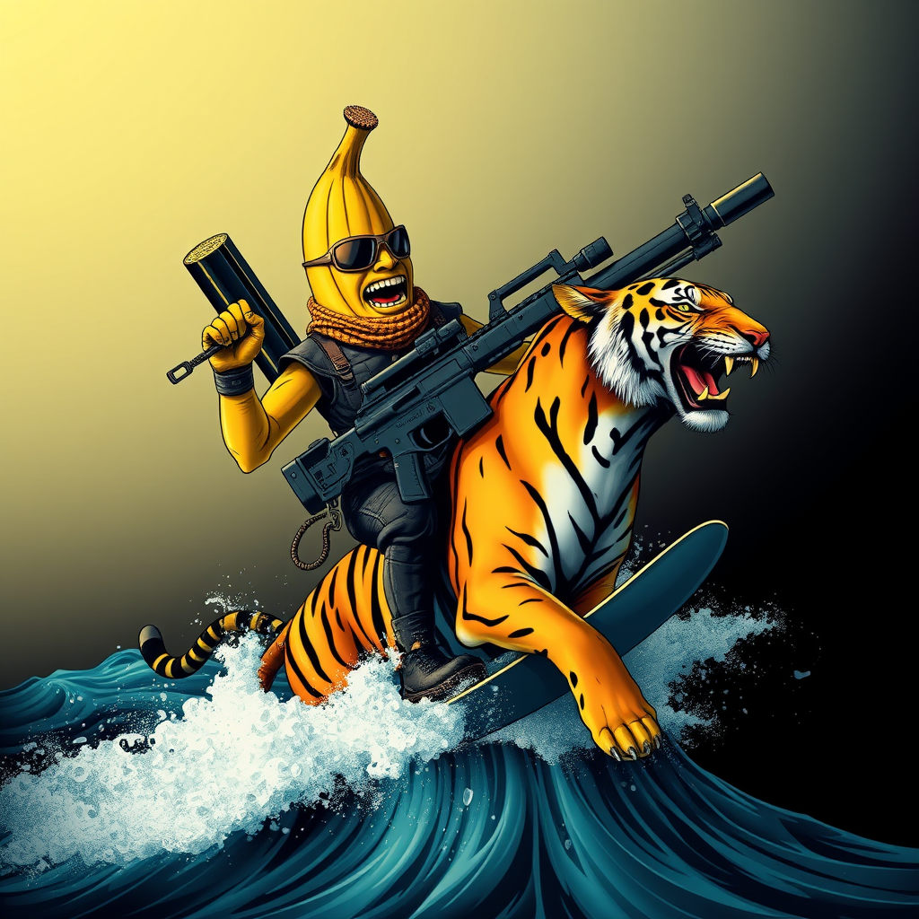 A tee shirt design of a sentient anthropomorphic determined banana man dressed in Rambo gear, carrying a huge rocket launcher with one hand, a huge chain gun in the other hand, while surfing on a Bengal tiger on a huge ocean wave. Epic design. Fading to black around the entire boundary of the image. Vibrant future punk colors. - Image