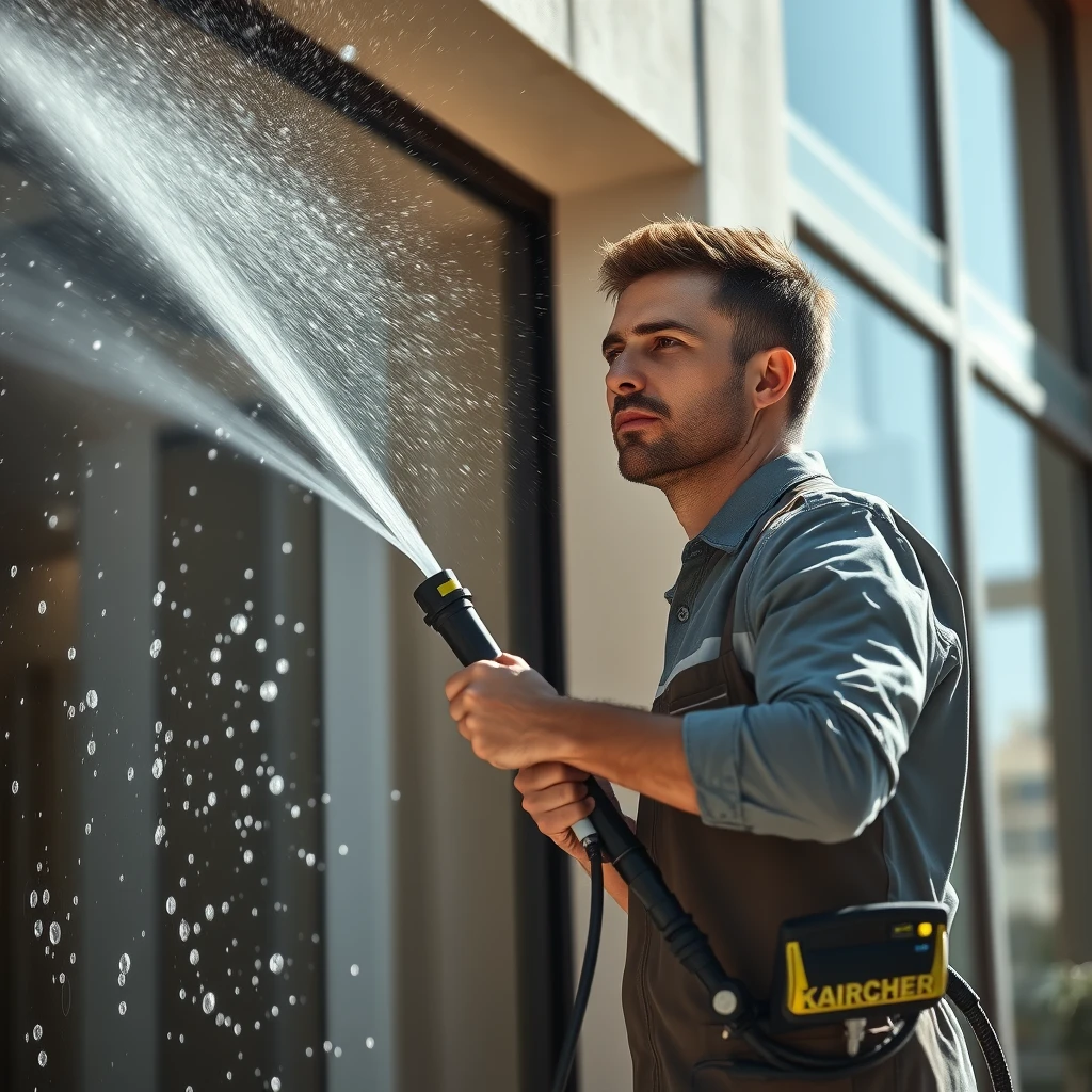 Photorealistic image of a man washing a building facade using a Kärcher pressure washer. The scene should capture the man in action, with water spraying and soap bubbles emphasizing the cleanliness of the building. It’s important to convey his focused expression, the sleek design of the pressure washer, and bright sunlight reflecting off the clean facade. - Image